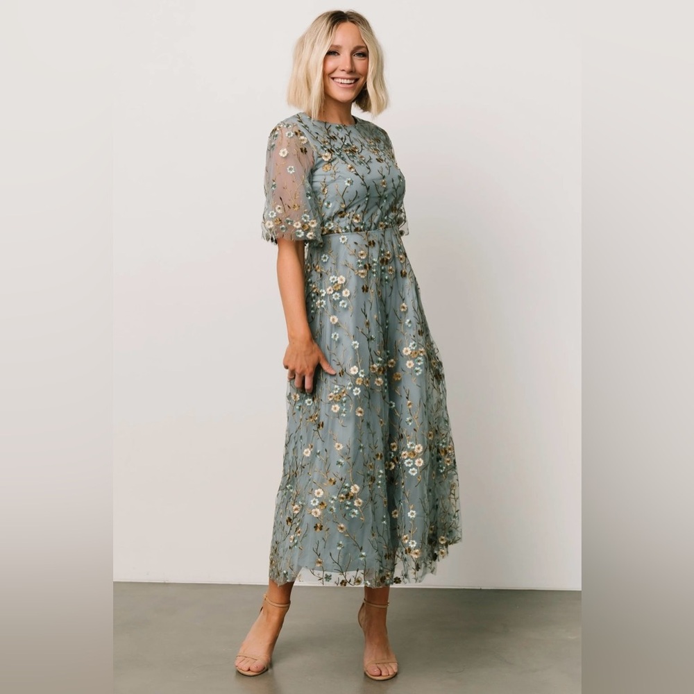 Baltic Born | Arabella Embroidered Tulle Maxi Dress | Dusty Blue Floral | Large
